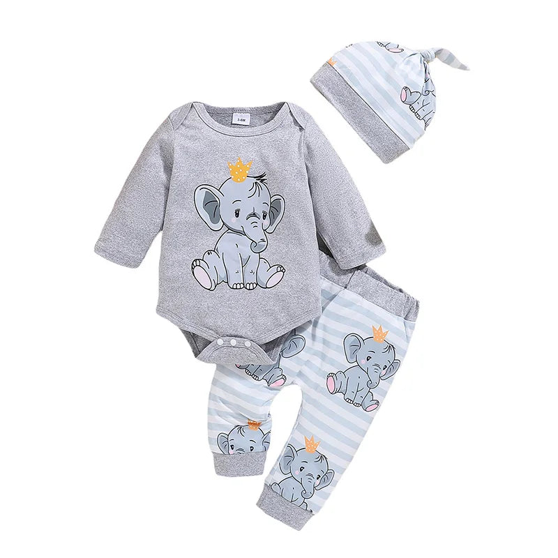 Infant Long Sleeve Romper Set - Romper, Pants and Hat Outfit