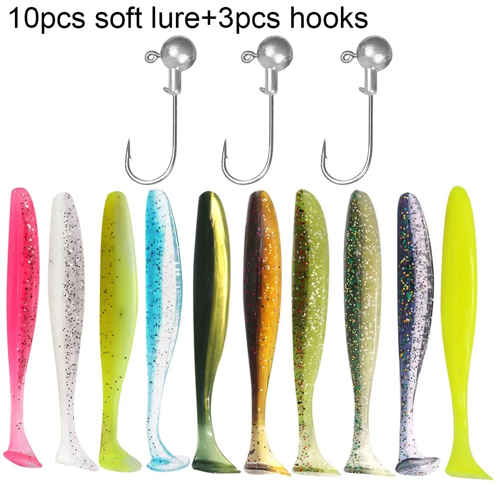 Soft T-Tail Worm Fishing Lure Kit with Jig Head Hooks
