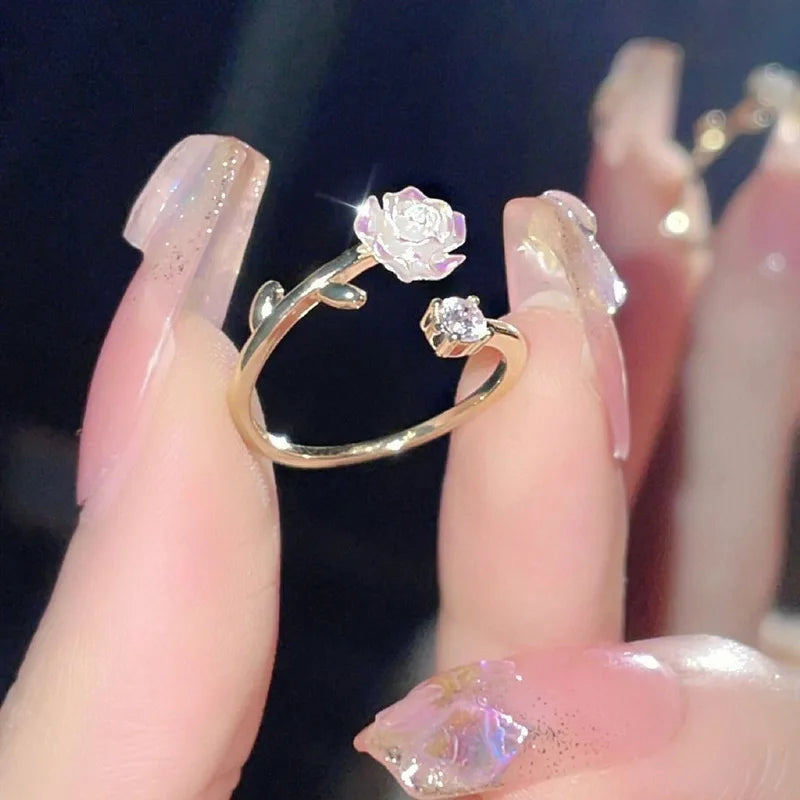 Adjustable Zircon Flower Opening Ring for Women