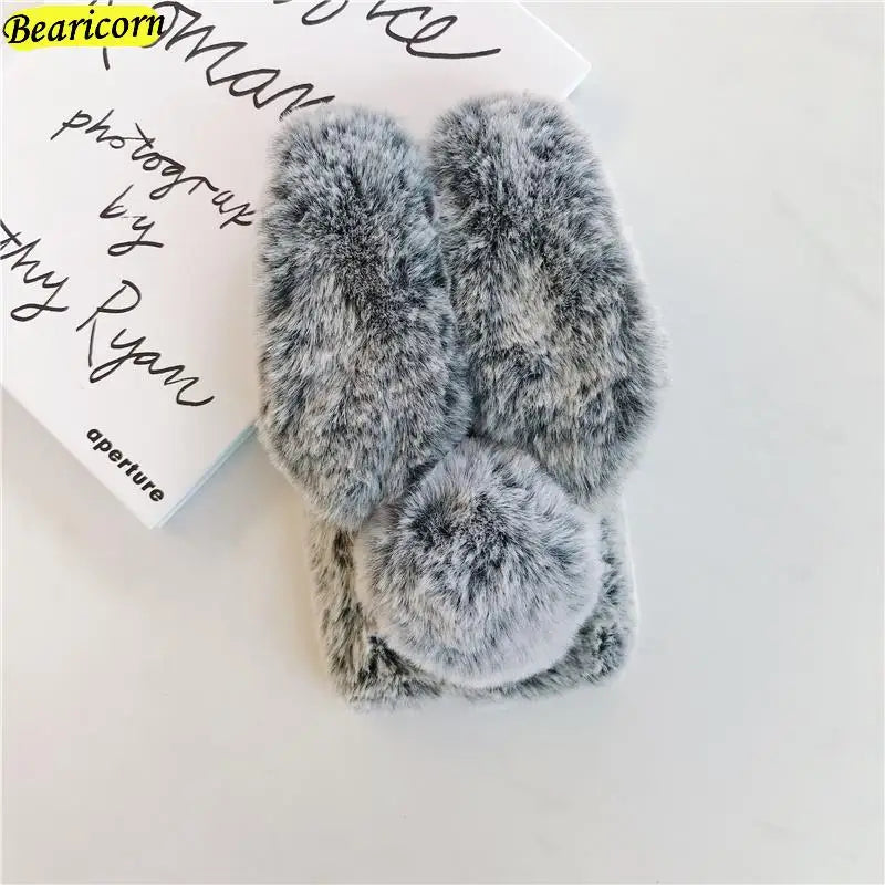 Soft Plush iPhone Case - 3D Furry Bunny Warm Phone Cover