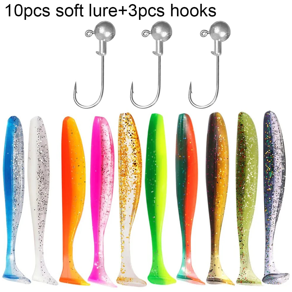 Soft T-Tail Worm Fishing Lure Kit with Jig Head Hooks