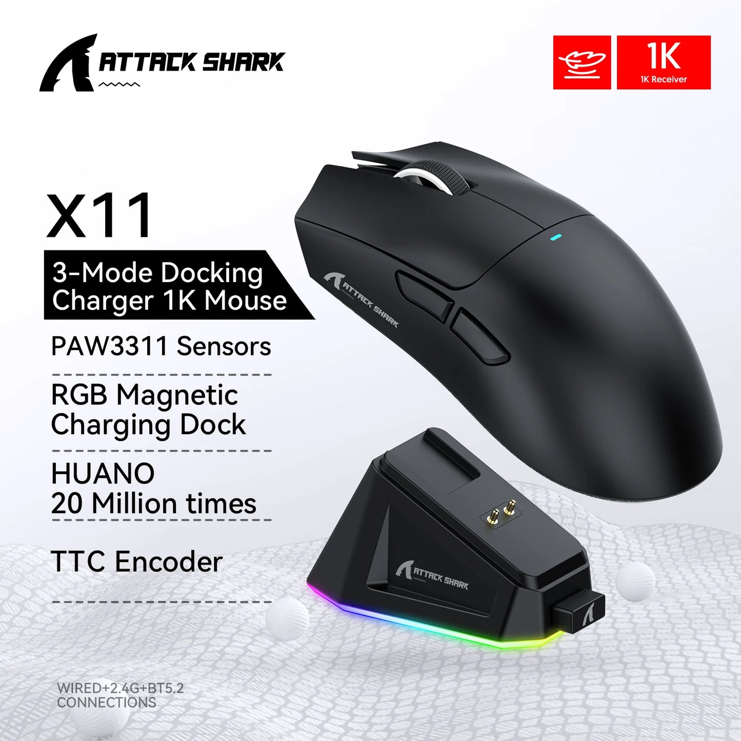 Attack Shark X11 Wireless Gaming Mouse - RGB Magnetic Charging Dock