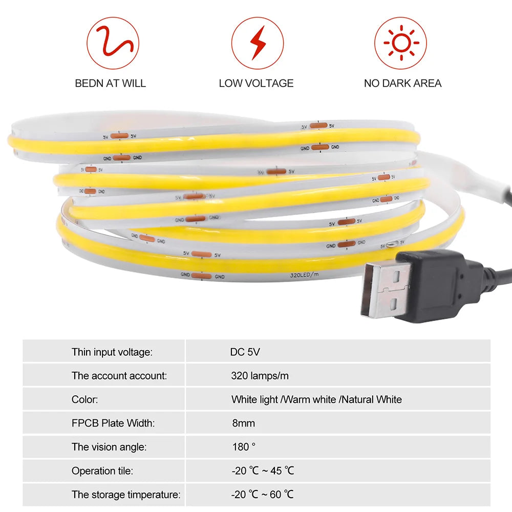 5V USB COB Strip Light 320 LEDs/m for Cabinets and TV Backlights