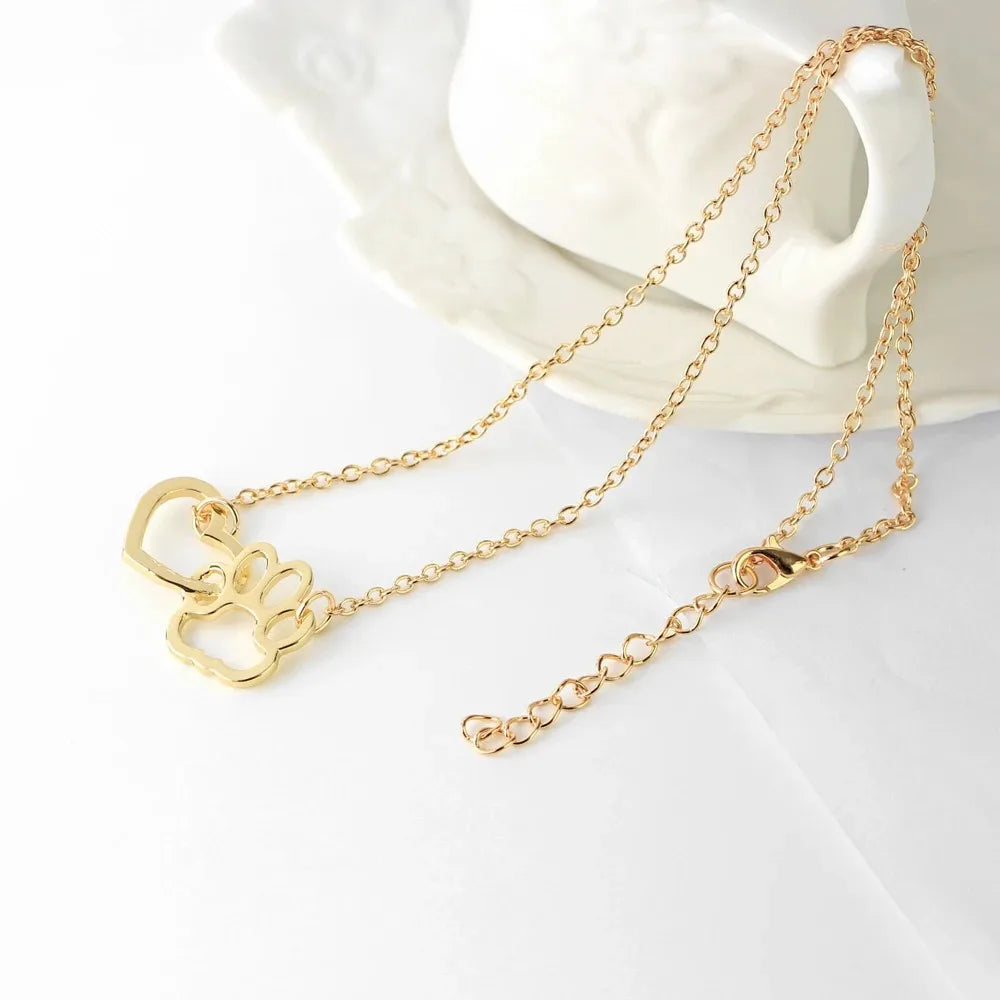 Hollow Pet Paw Heart Pendant Necklace