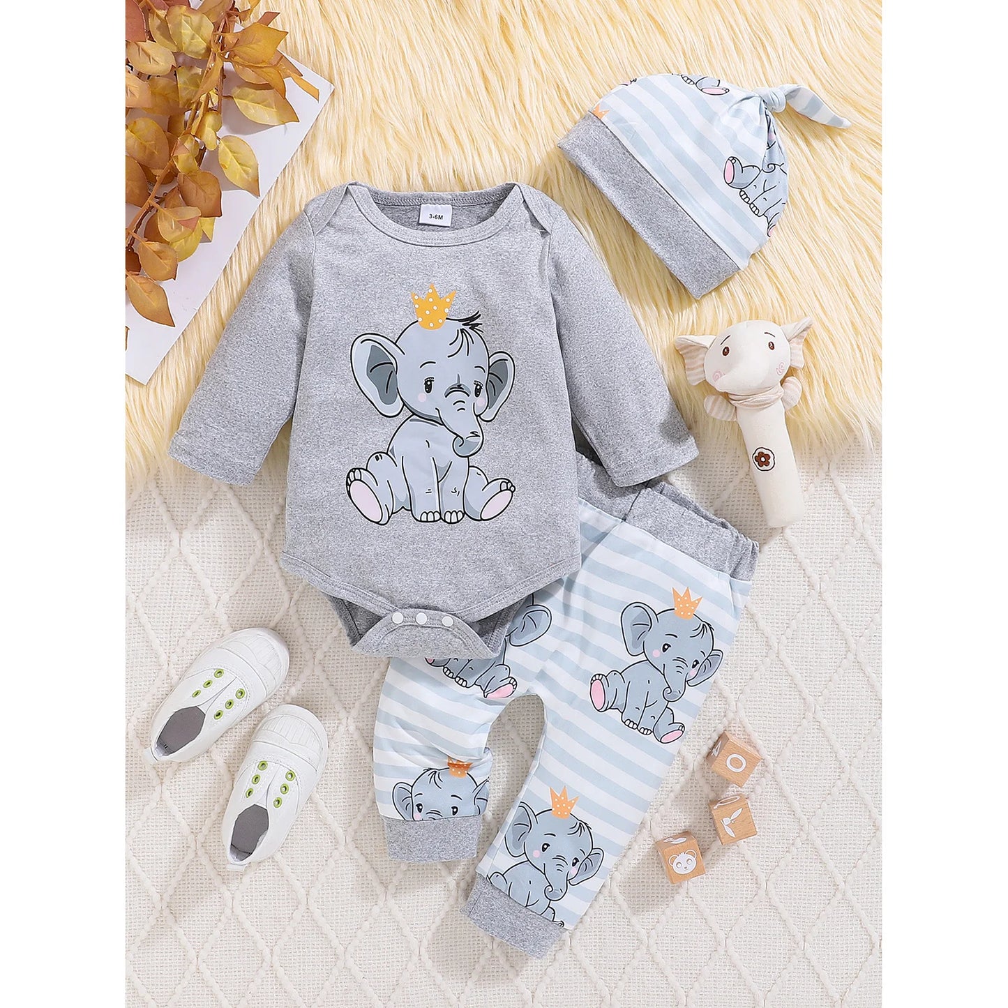Infant Long Sleeve Romper Set - Romper, Pants and Hat Outfit