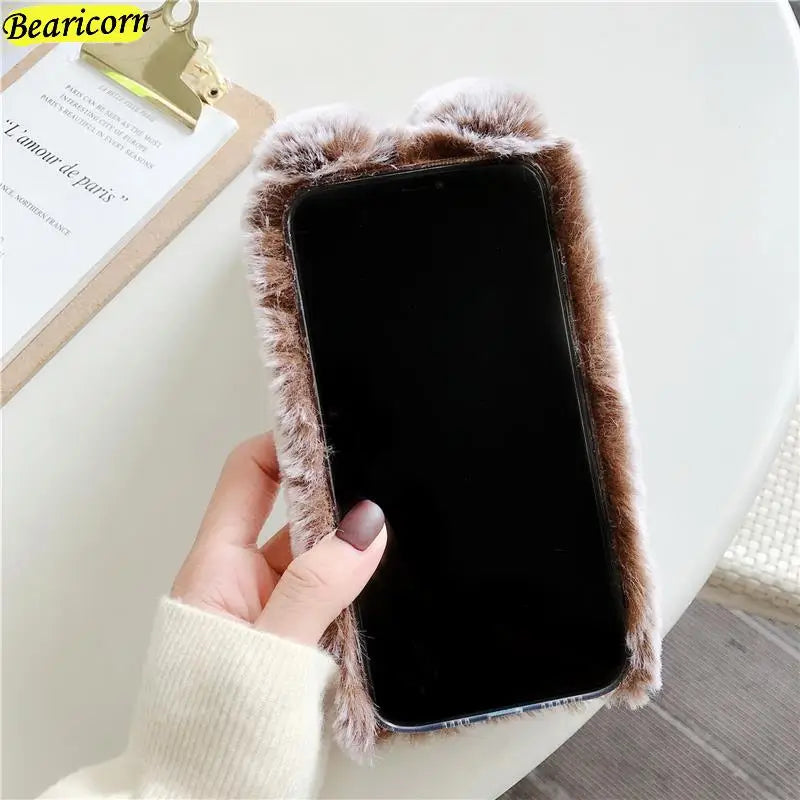 Soft Plush iPhone Case - 3D Furry Bunny Warm Phone Cover