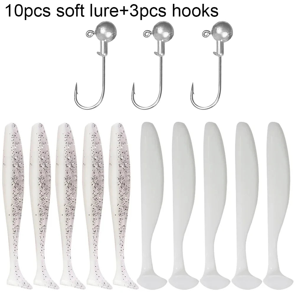 Soft T-Tail Worm Fishing Lure Kit with Jig Head Hooks