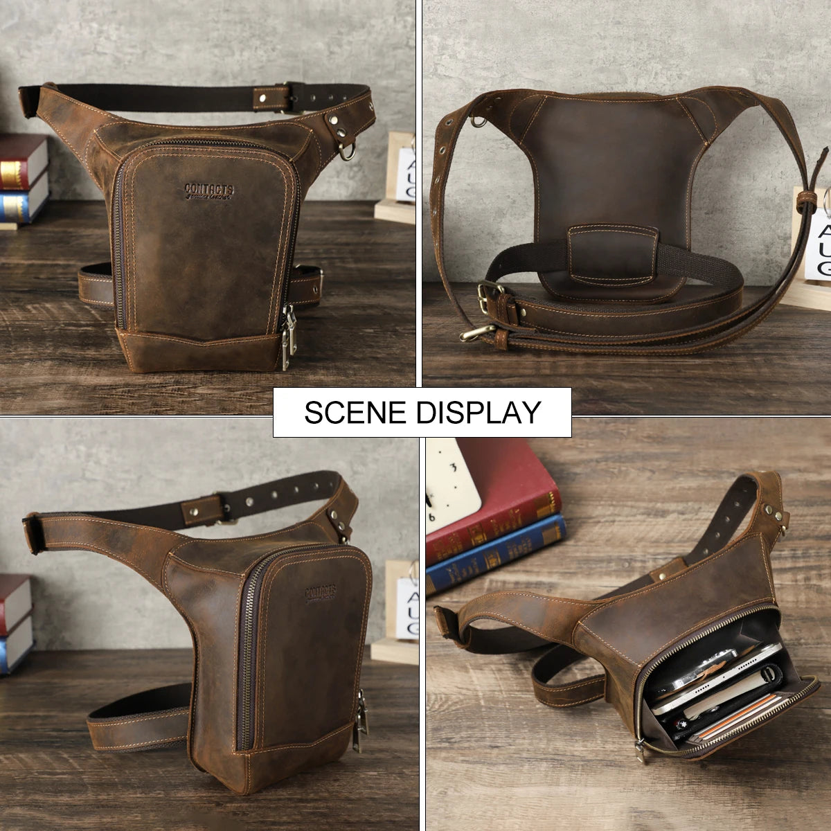 Genuine Leather Motorcycle Leg Bag - Vintage Rider Waist Pack