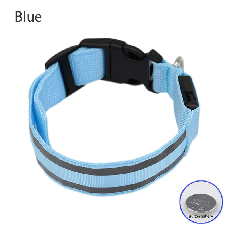 Reflective LED Dog Collar with Rechargeable or Button Battery Options