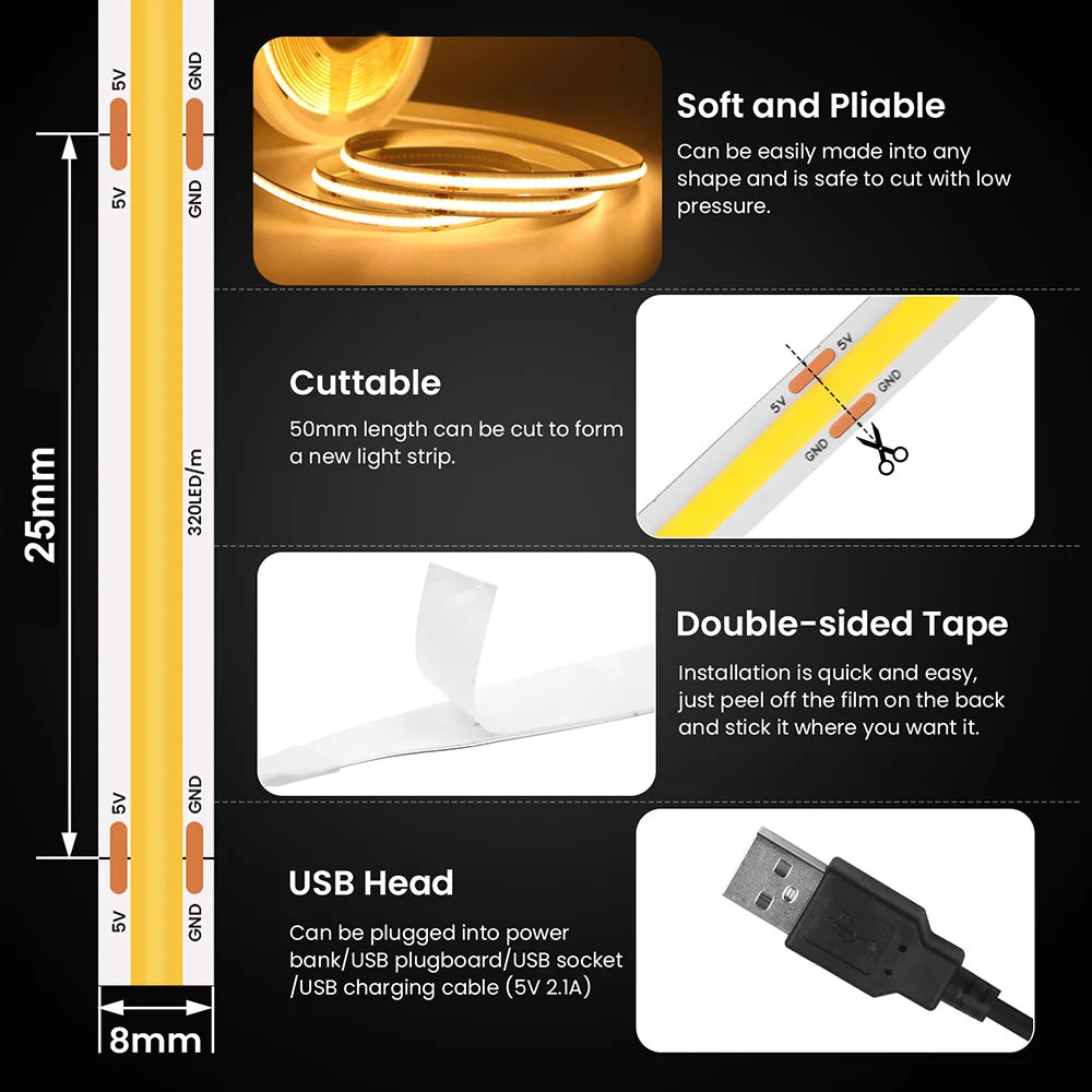 5V USB COB Strip Light 320 LEDs/m for Cabinets and TV Backlights