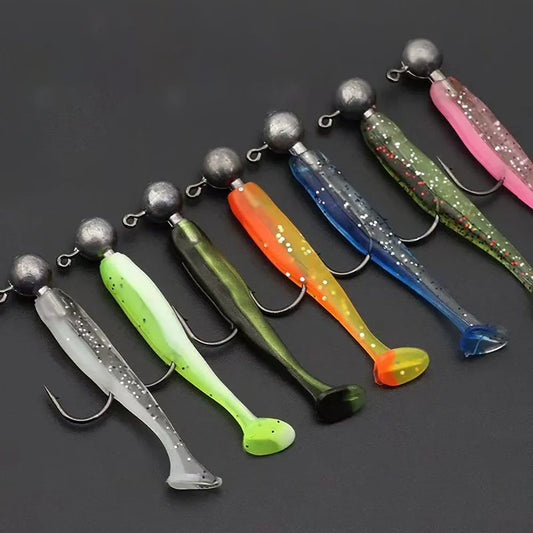 Soft T-Tail Worm Fishing Lure Kit with Jig Head Hooks