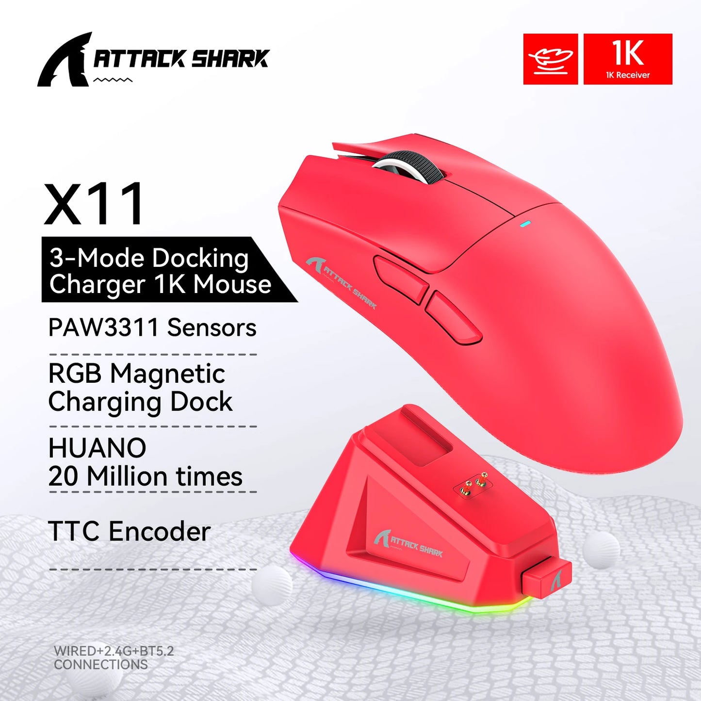 Attack Shark X11 Wireless Gaming Mouse - RGB Magnetic Charging Dock