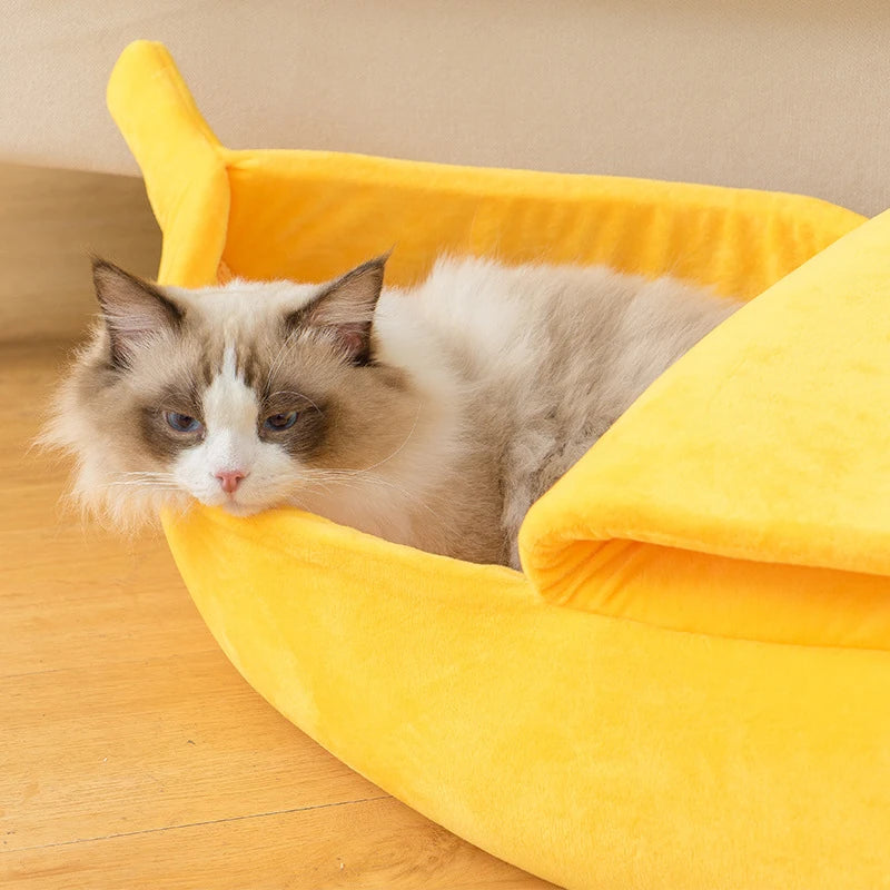 Banana Shaped Cozy Cat Bed House with Coral Fleece