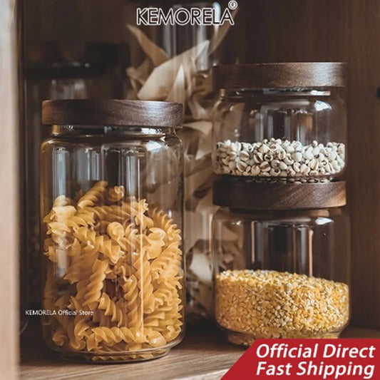 Glass Airtight Kitchen Canister - Wood Lid Food Storage Jar