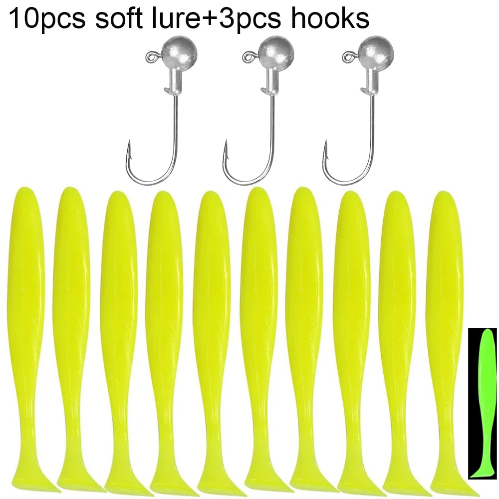 Soft T-Tail Worm Fishing Lure Kit with Jig Head Hooks