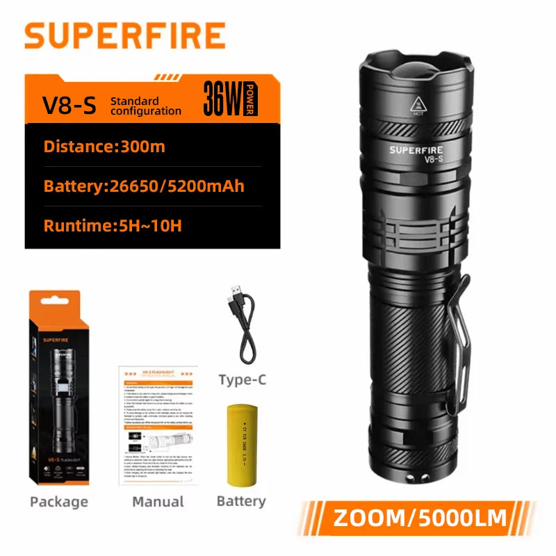 SUPERFIRE 36W Rechargeable LED Flashlight - Waterproof USB-C Torch