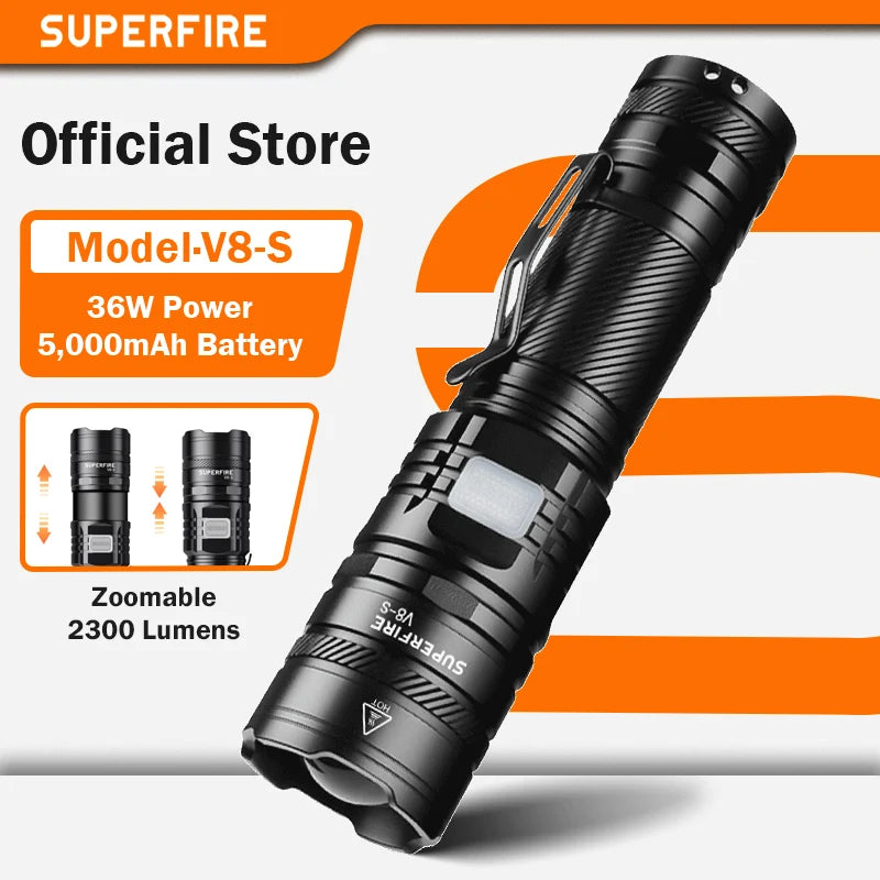SUPERFIRE 36W Rechargeable LED Flashlight - Waterproof USB-C Torch