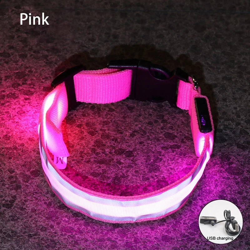 Reflective LED Dog Collar with Rechargeable or Button Battery Options