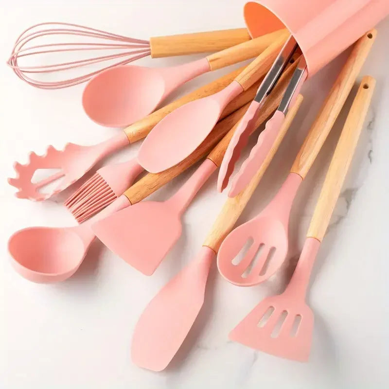 12-Piece Silicone Cooking Utensil Set with Wooden Handles