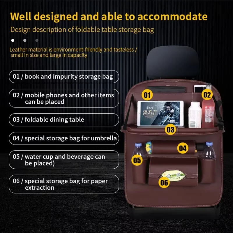 PU Leather Car Seat Back Organizer with Foldable Tray