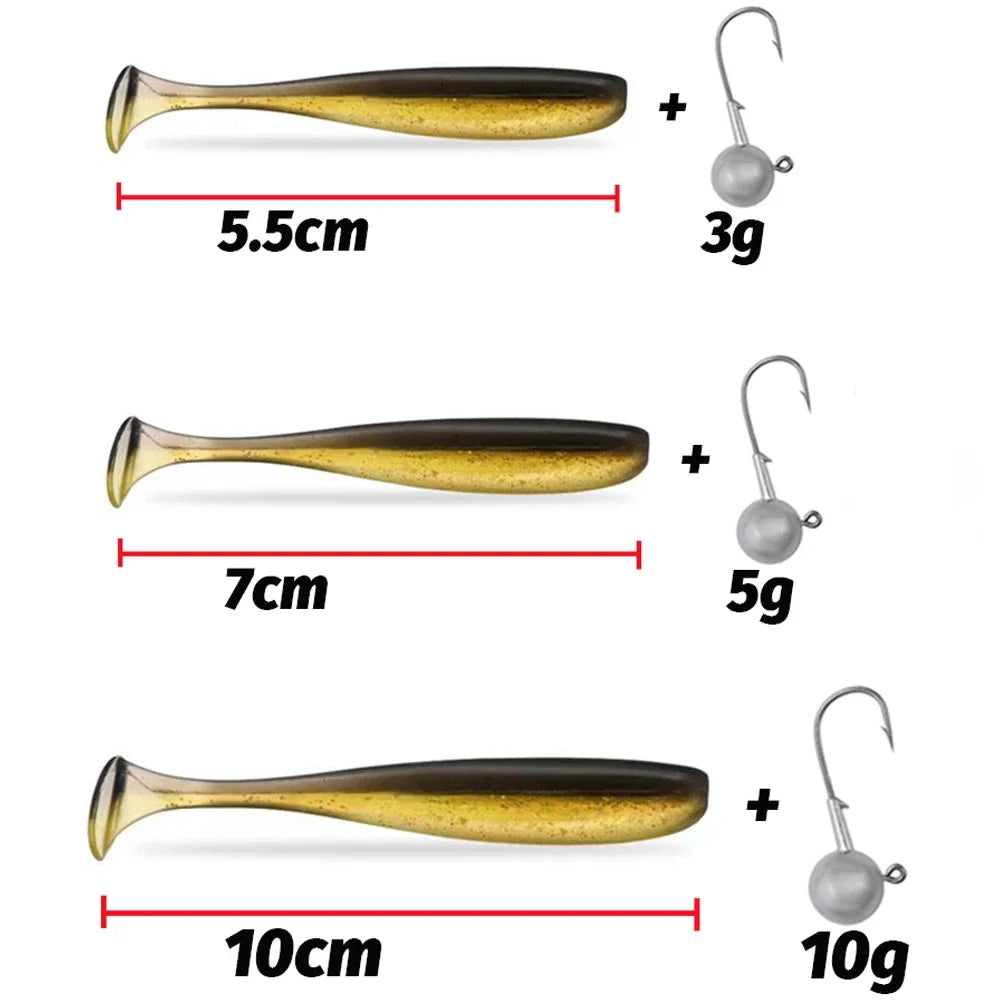 Soft T-Tail Worm Fishing Lure Kit with Jig Head Hooks
