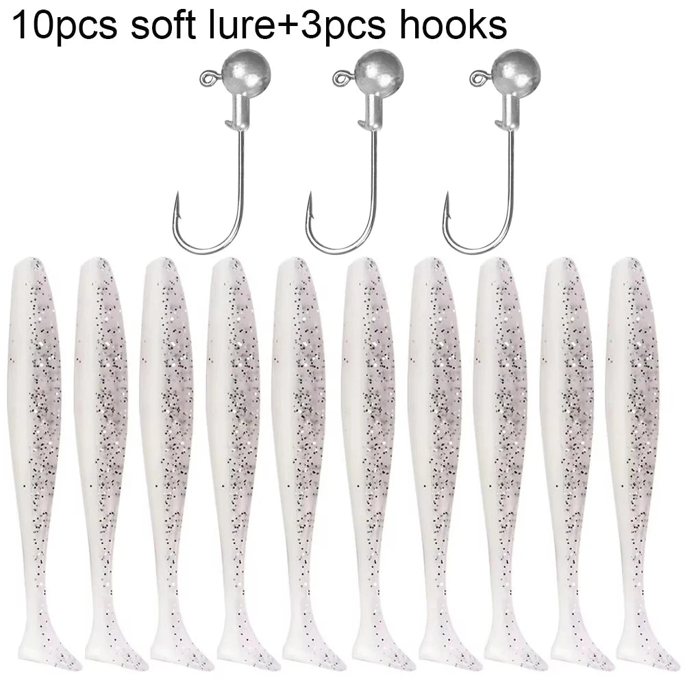 Soft T-Tail Worm Fishing Lure Kit with Jig Head Hooks