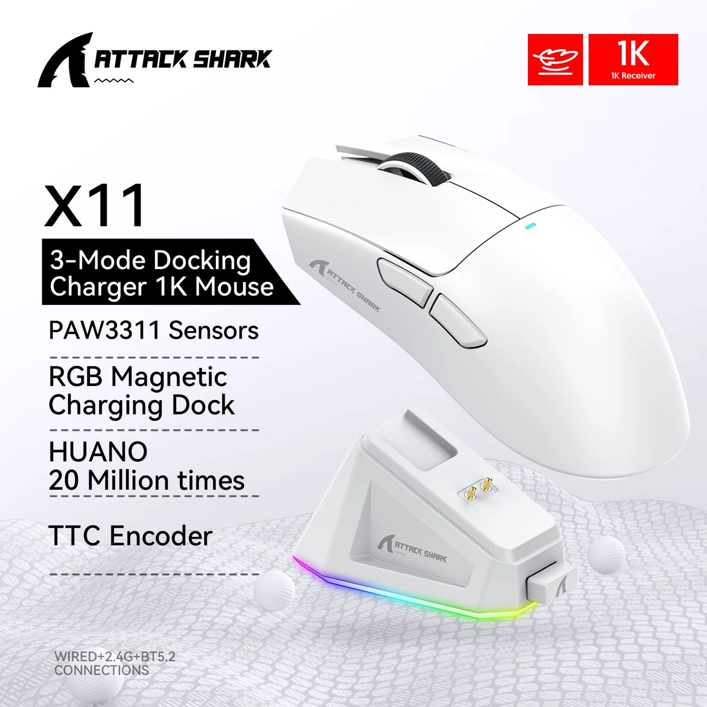 Attack Shark X11 Wireless Gaming Mouse - RGB Magnetic Charging Dock