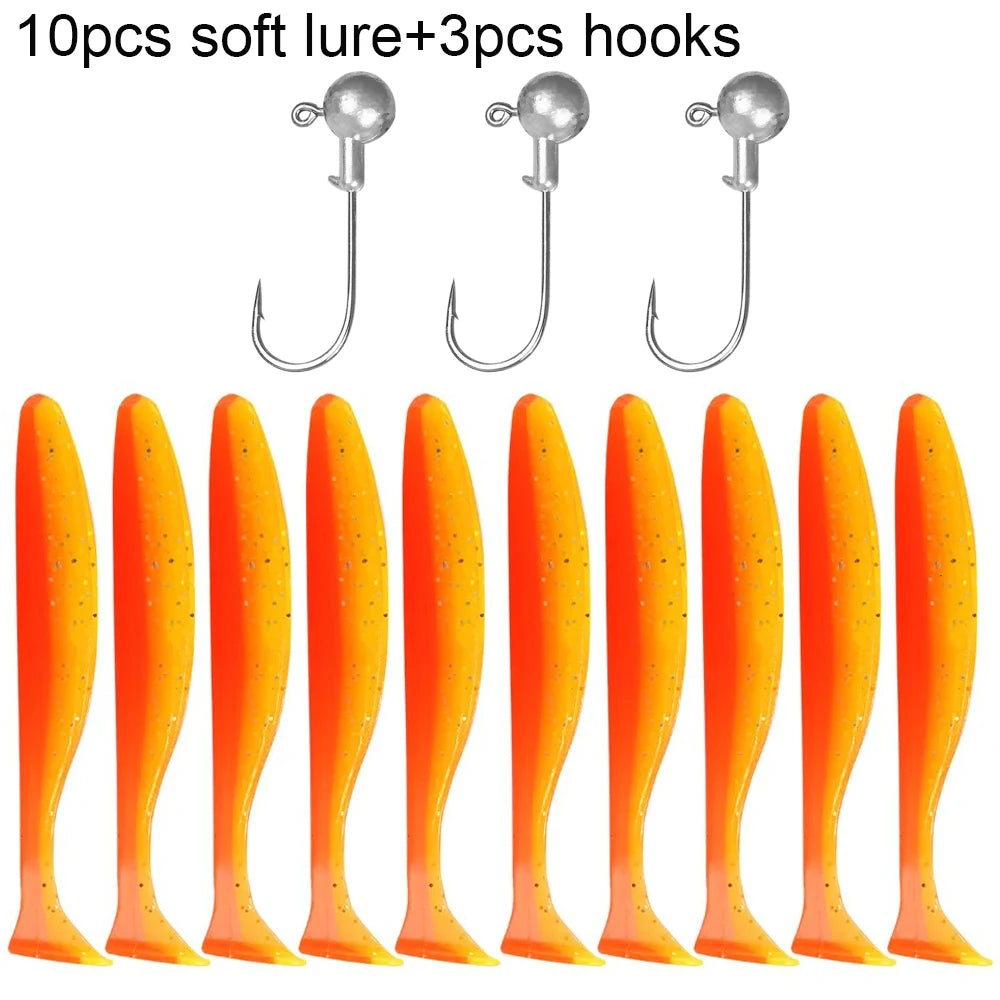 Soft T-Tail Worm Fishing Lure Kit with Jig Head Hooks