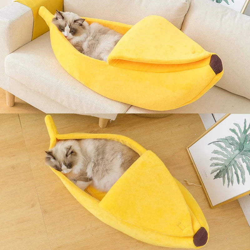 Banana Shaped Cozy Cat Bed House with Coral Fleece