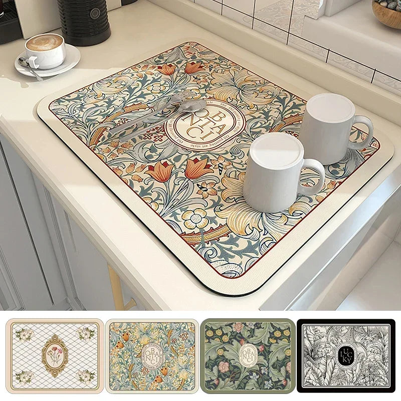 Absorbent Printed Dish Drying Mat for Kitchen Counters