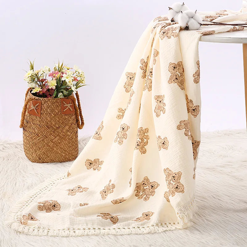 Cute Bear Cotton Baby Swaddle Blanket - Soft Newborn Muslin Wrap