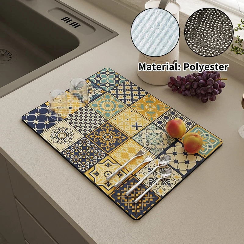Absorbent Printed Dish Drying Mat for Kitchen Counters