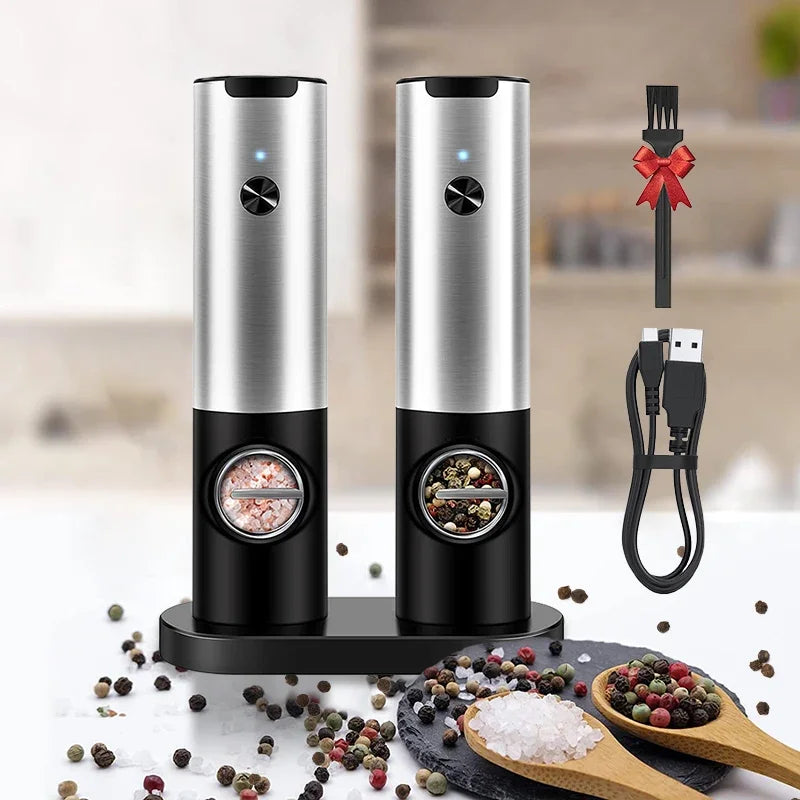 Rechargeable Electric Salt and Pepper Grinder Set with Base