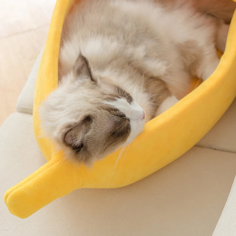 Banana Shaped Cozy Cat Bed House with Coral Fleece