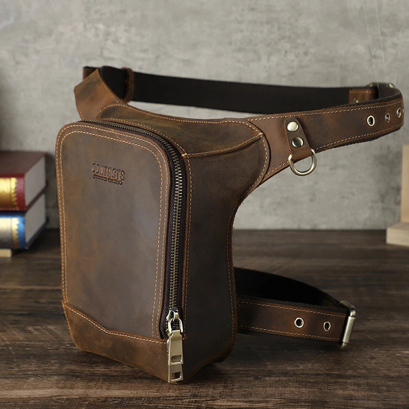 Genuine Leather Motorcycle Leg Bag - Vintage Rider Waist Pack