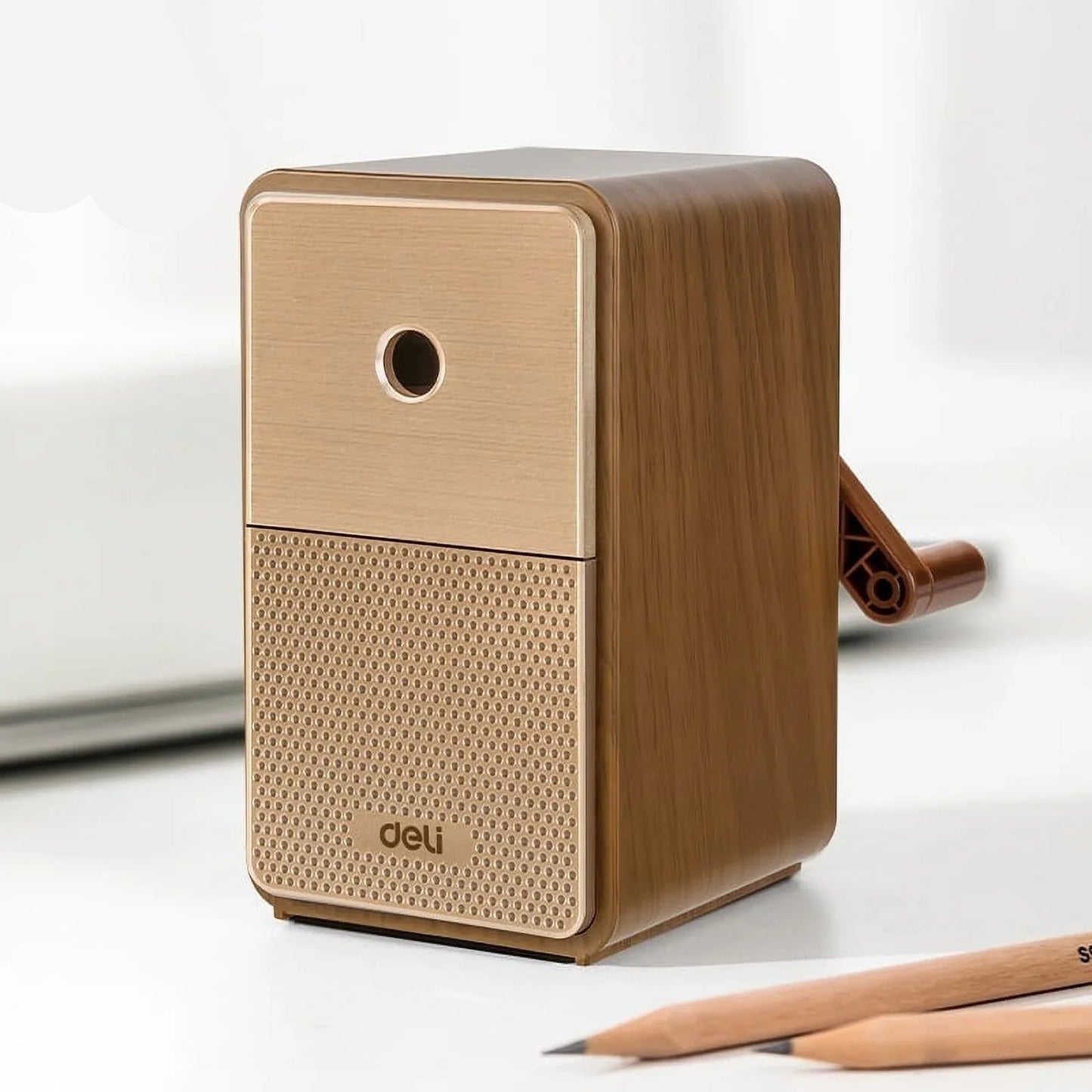 Deli Adjustable Hand Crank Pencil Sharpener - Brown
