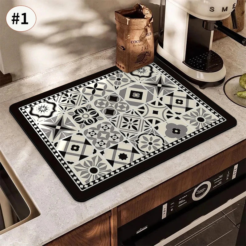 Absorbent Printed Dish Drying Mat for Kitchen Counters