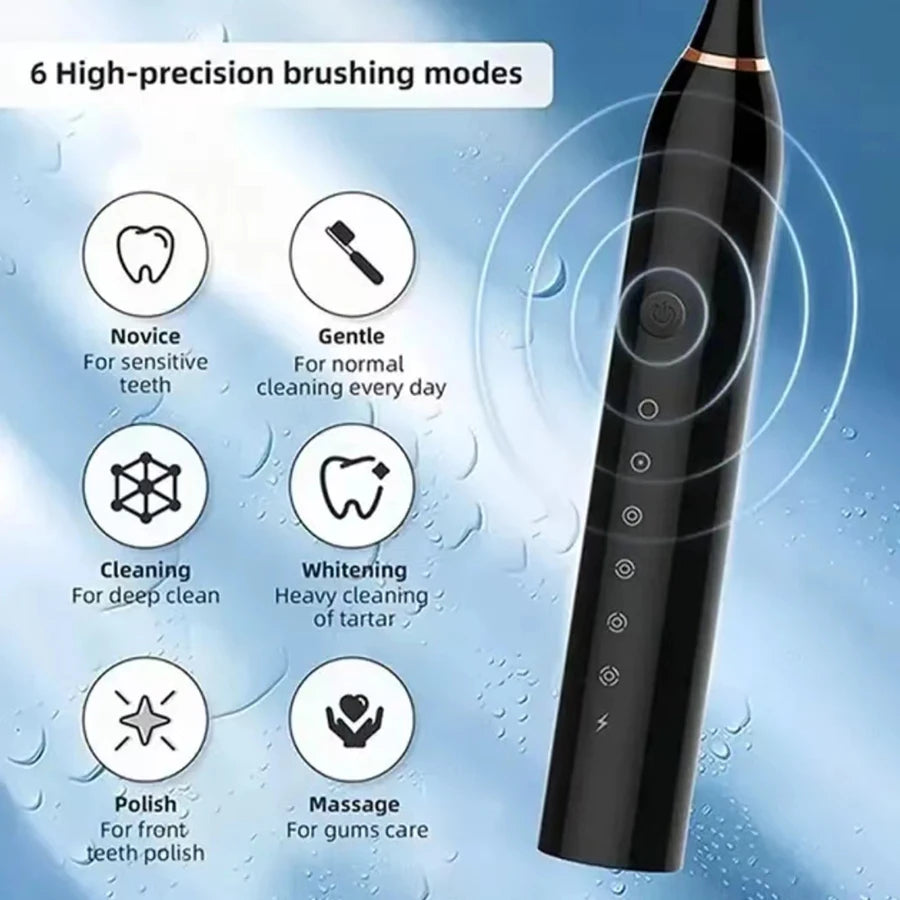 USB Rechargeable Ultrasonic Toothbrush - 6-Speed Black
