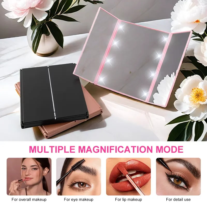Portable LED Three-Sided Makeup Mirror - Folding Vanity Stand