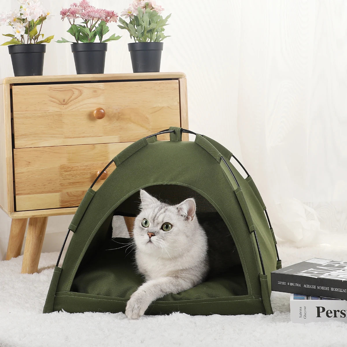 Warm Clamshell Cat Tent Bed with Cushion