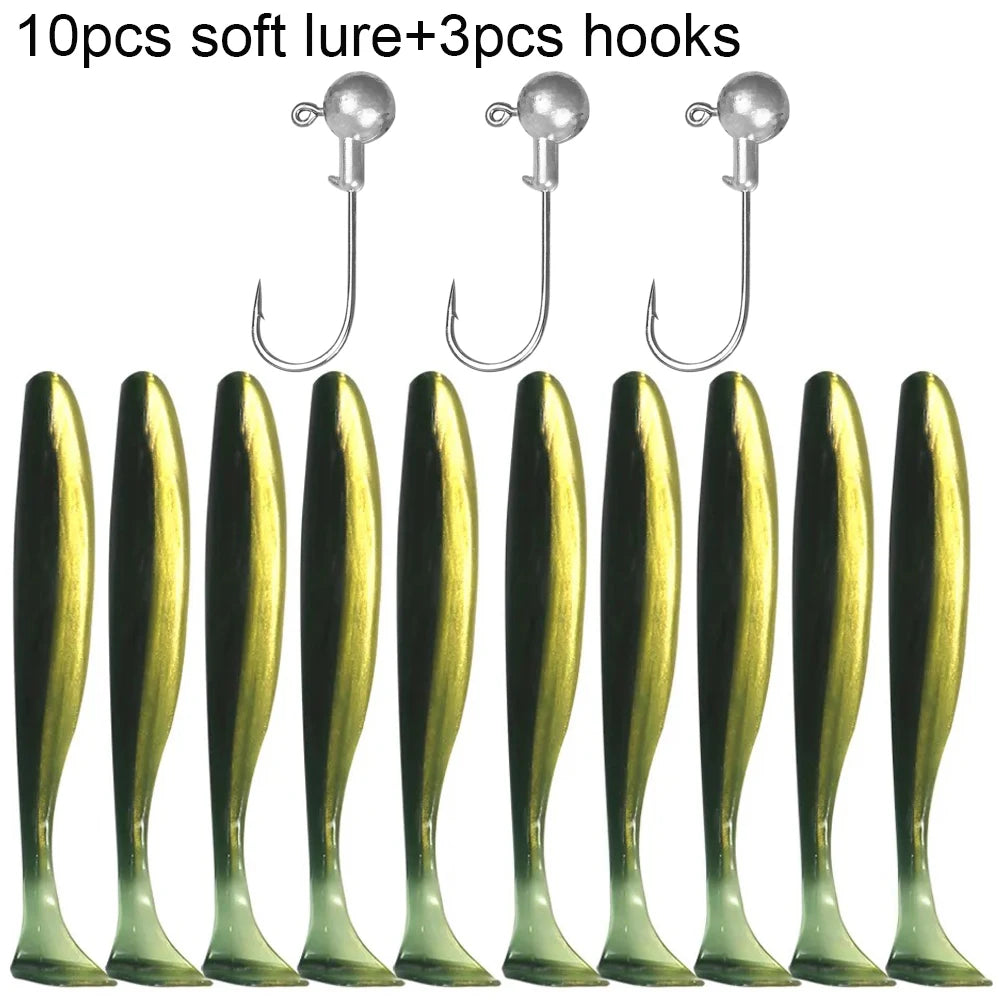 Soft T-Tail Worm Fishing Lure Kit with Jig Head Hooks