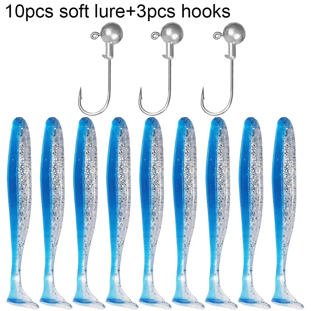 Soft T-Tail Worm Fishing Lure Kit with Jig Head Hooks