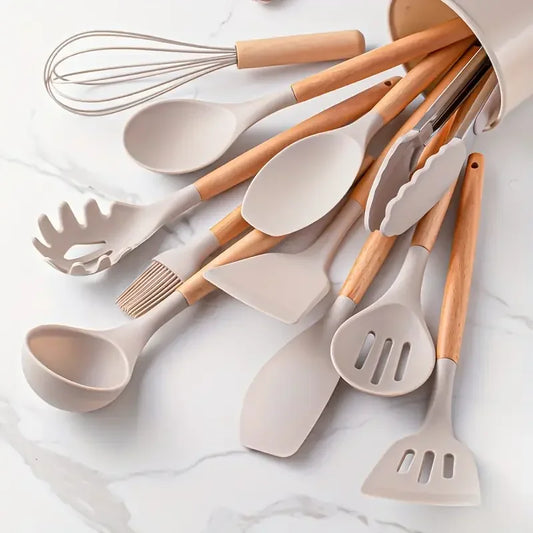 12-Piece Silicone Cooking Utensil Set with Wooden Handles