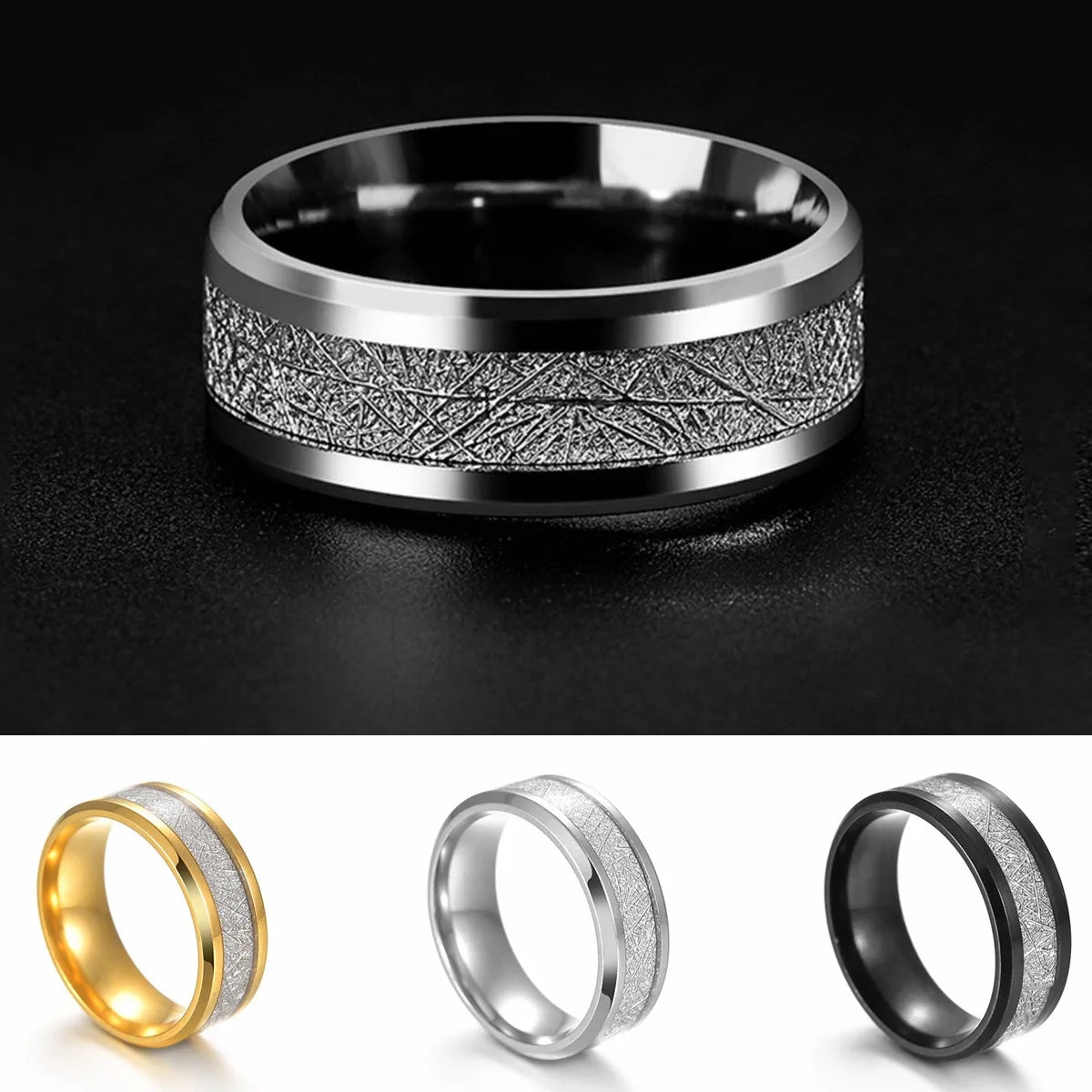 8mm Stainless Steel Tungsten Carbide Meteorite-Style Ring