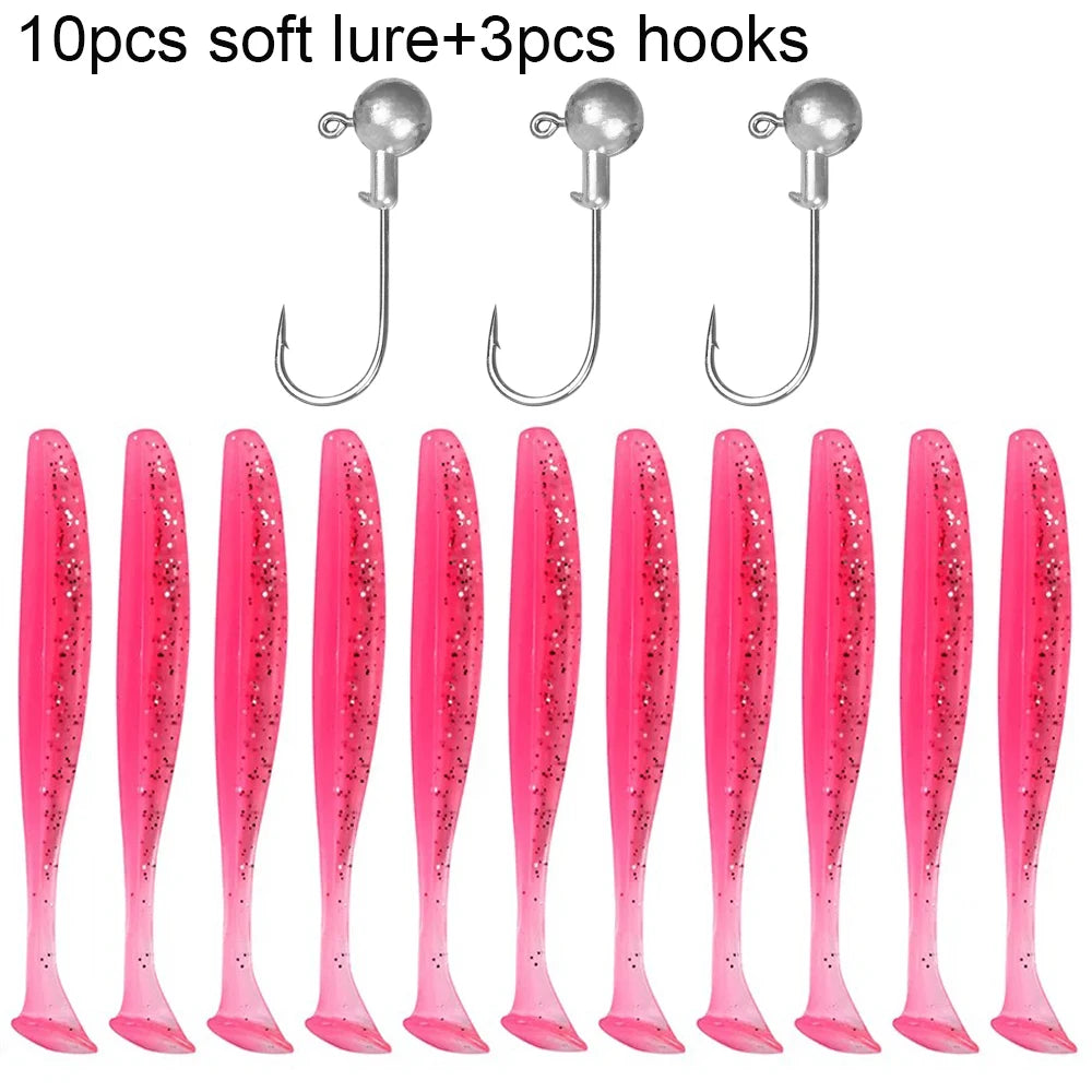 Soft T-Tail Worm Fishing Lure Kit with Jig Head Hooks