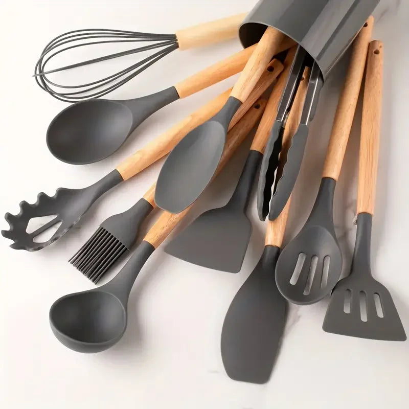 12-Piece Silicone Cooking Utensil Set with Wooden Handles
