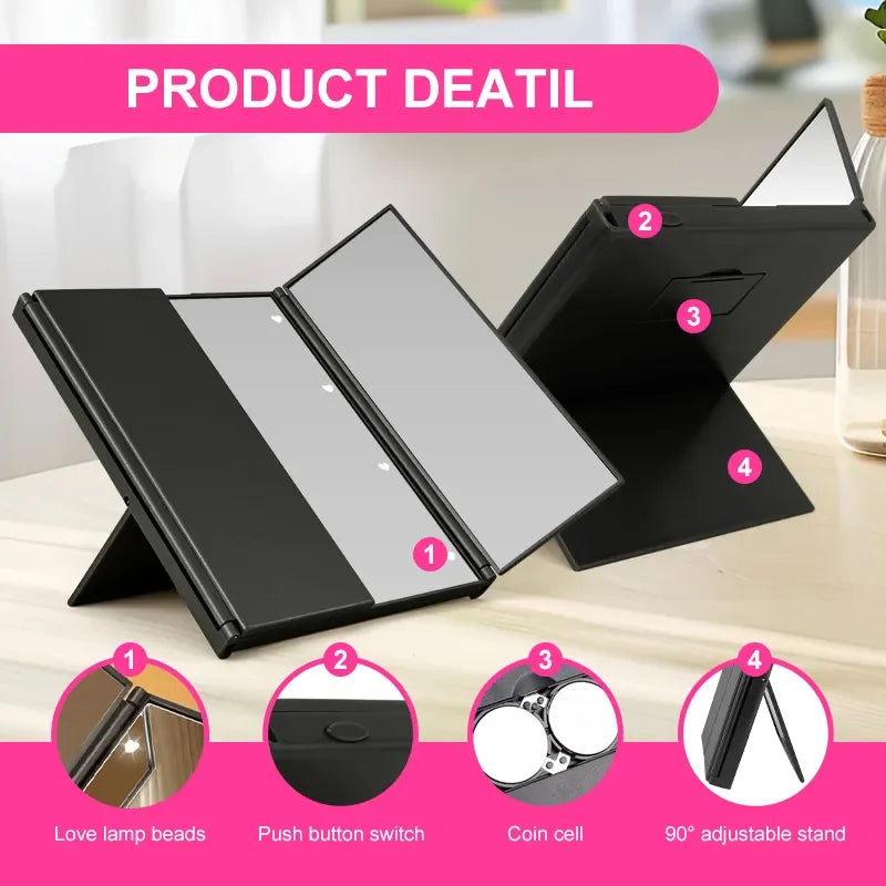 Portable LED Three-Sided Makeup Mirror - Folding Vanity Stand