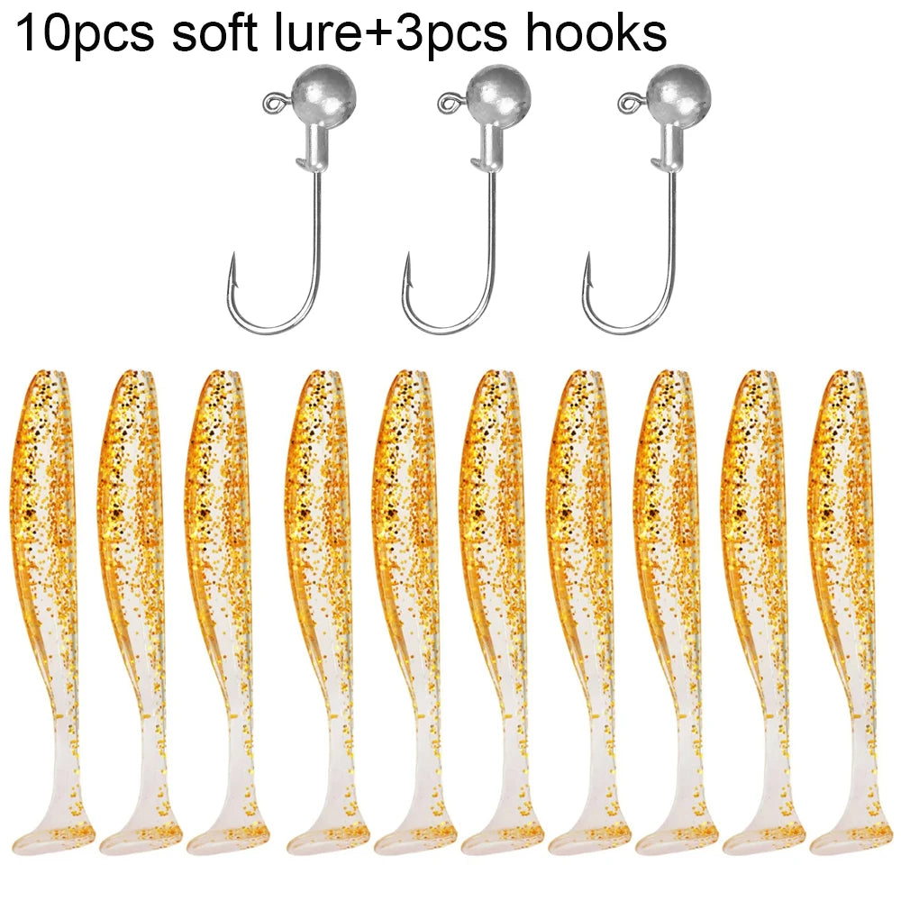 Soft T-Tail Worm Fishing Lure Kit with Jig Head Hooks