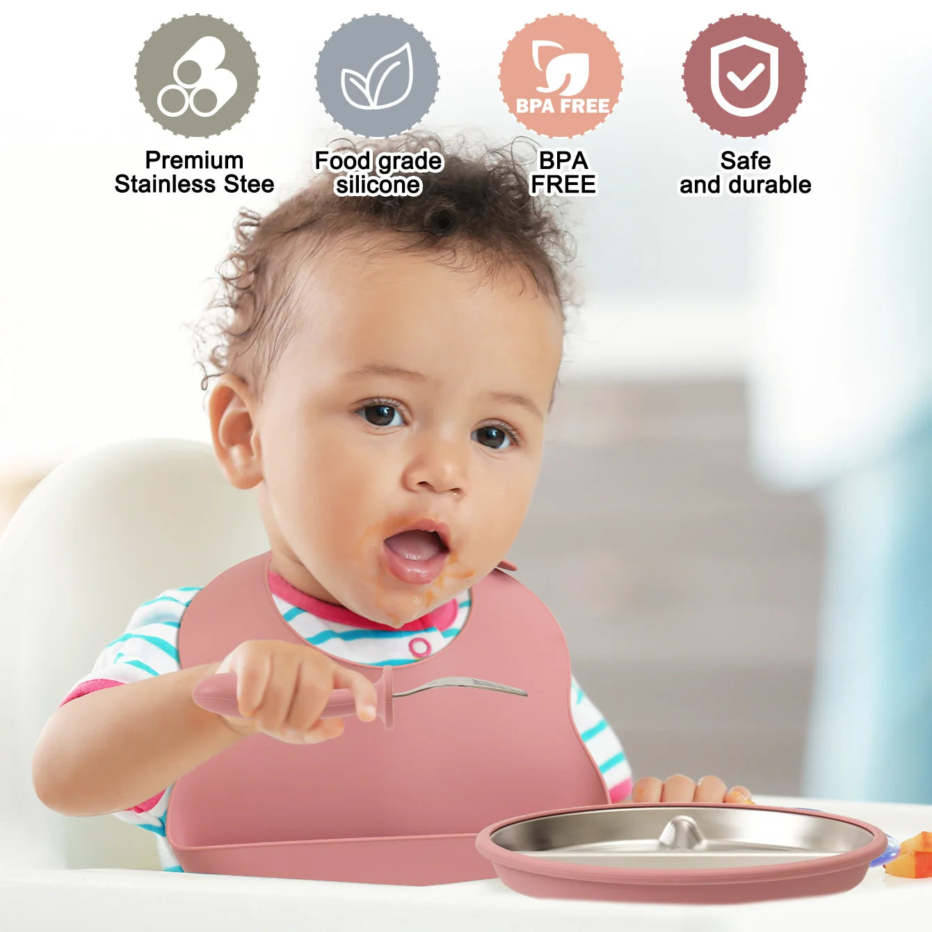 Stainless Steel Silicone Baby Feeding Set - 4 Piece BPA-Free Tableware