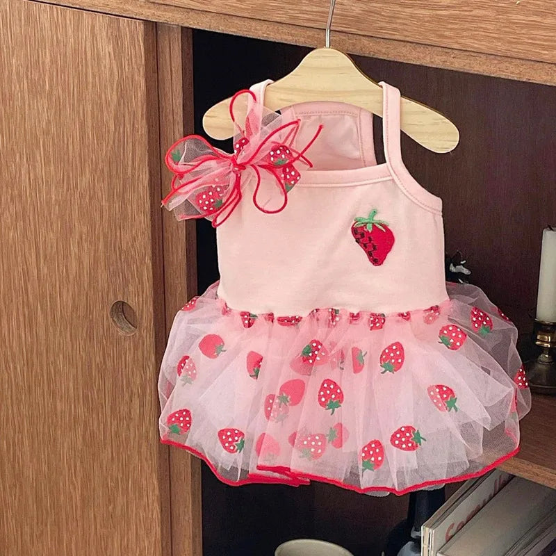 Strawberry Daisy Tulle Dog Dress for Small Pets